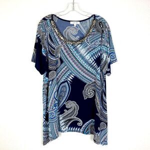Lavish Jersey Knit Top Women's Size 2X Blue Red Paisley Stretch Jeweled Neckline